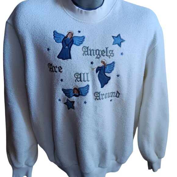Vintage Women's Sweatshirt XL Cottage Core Embroidered Angels White granny - Picture 1 of 5